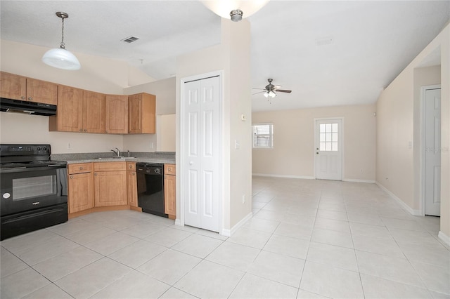 kitchen with sink, ceiling fan, light tile floors, and black appliances