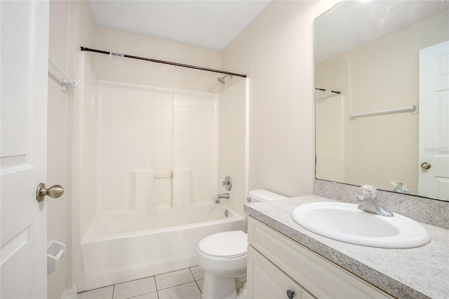 full bathroom with toilet, tile flooring, bathing tub / shower combination, and vanity