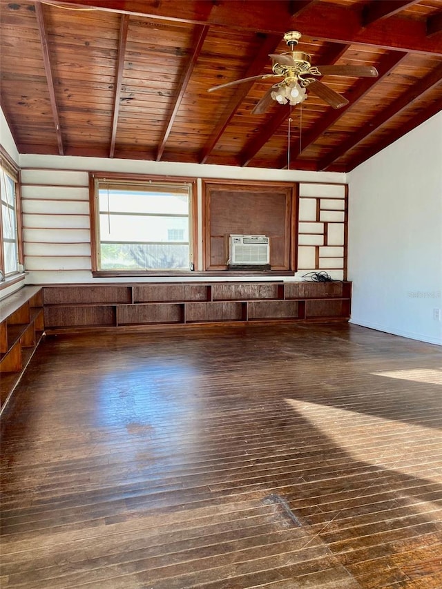 unfurnished living room with vaulted ceiling with beams, wood ceiling, and dark hardwood / wood-style floors