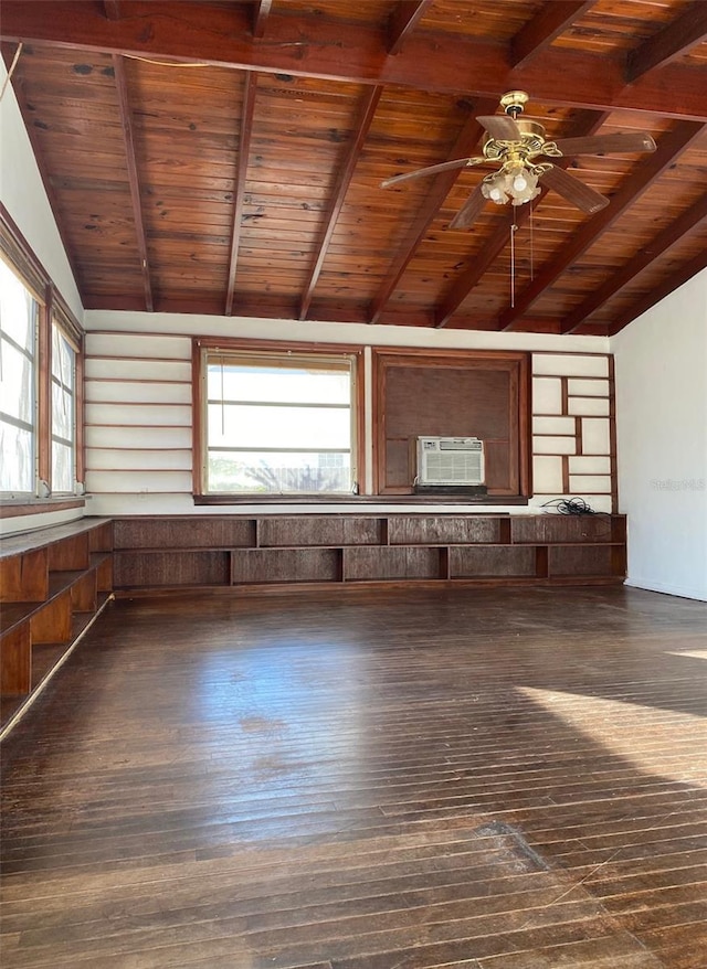 unfurnished living room featuring vaulted ceiling with beams, ceiling fan, dark hardwood / wood-style flooring, and wooden ceiling