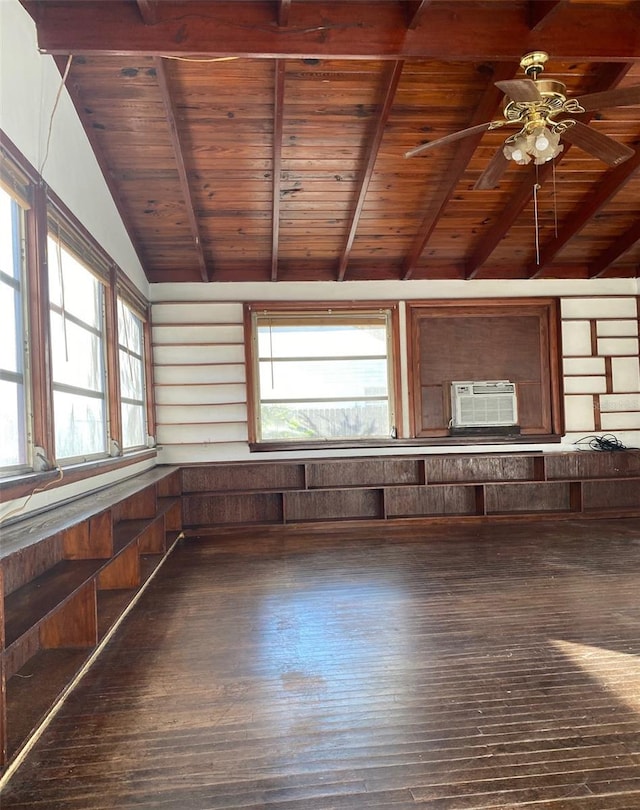 interior space with wood-type flooring, wood walls, wooden ceiling, and beam ceiling