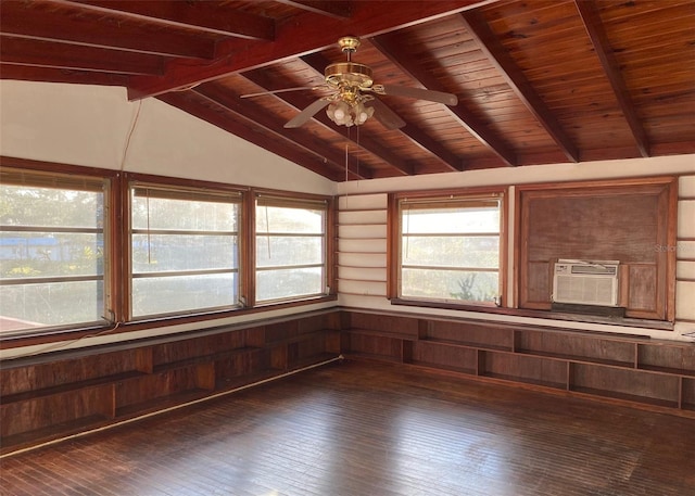 spare room featuring wood ceiling, vaulted ceiling with beams, ceiling fan, and dark wood-type flooring