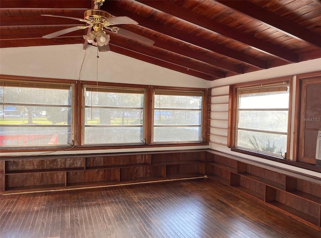 unfurnished sunroom with lofted ceiling with beams, ceiling fan, and wooden ceiling