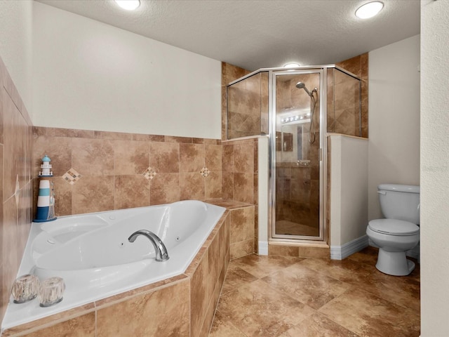 bathroom with toilet, plus walk in shower, tile walls, and tile flooring