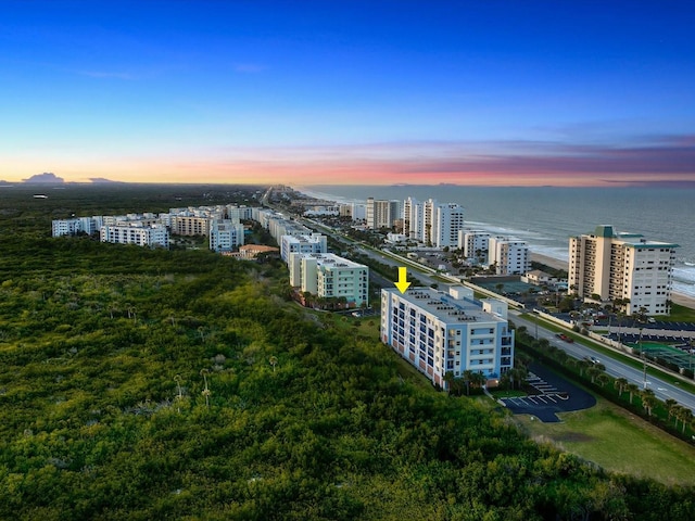 aerial view at dusk featuring a water view