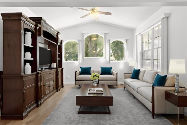 living room featuring light wood-type flooring, lofted ceiling, and ceiling fan