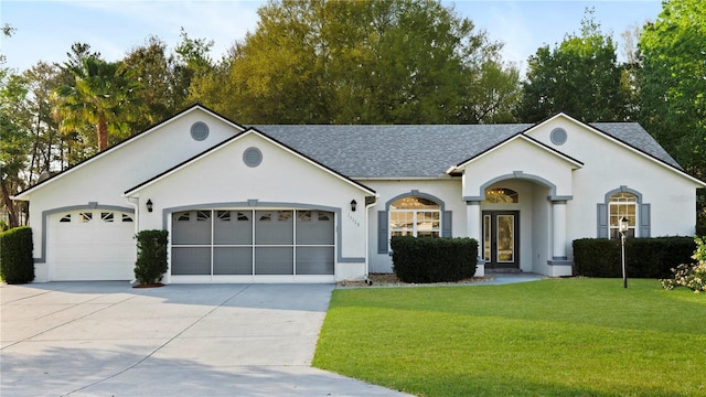 ranch-style house with a garage and a front lawn