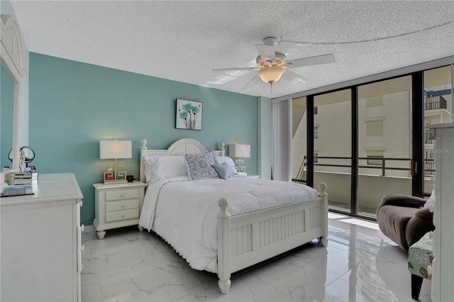 tiled bedroom featuring a textured ceiling, access to exterior, and ceiling fan