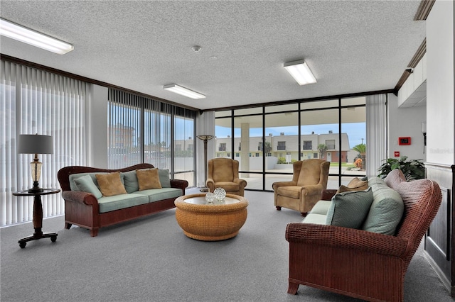 carpeted living room with floor to ceiling windows and a textured ceiling