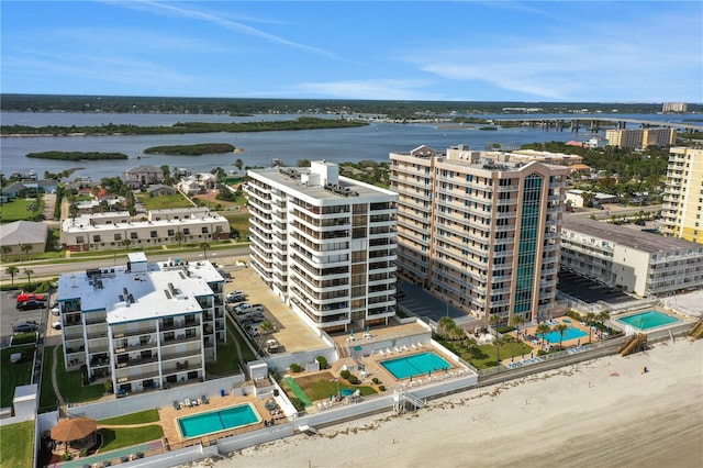 aerial view featuring a water view