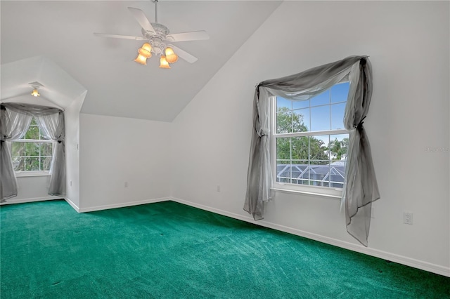 additional living space with lofted ceiling, ceiling fan, and carpet