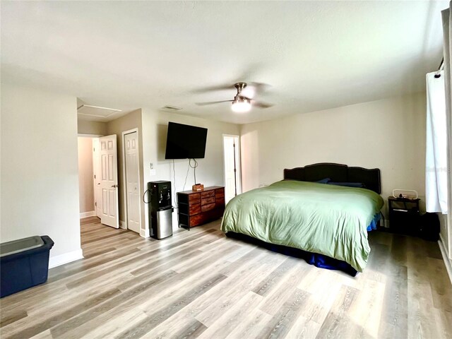 bedroom with wood-type flooring, a closet, and ceiling fan