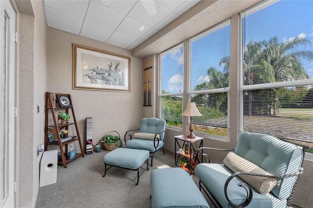 sitting room with light carpet and a drop ceiling