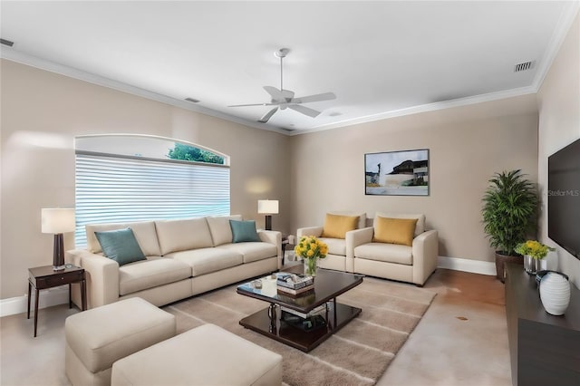 living room with ceiling fan and crown molding