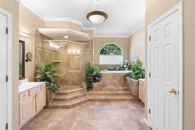 bathroom featuring crown molding, vanity, and a shower with shower door