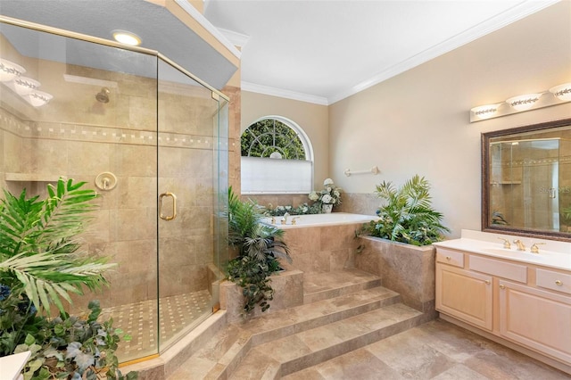 bathroom featuring vanity, crown molding, and independent shower and bath