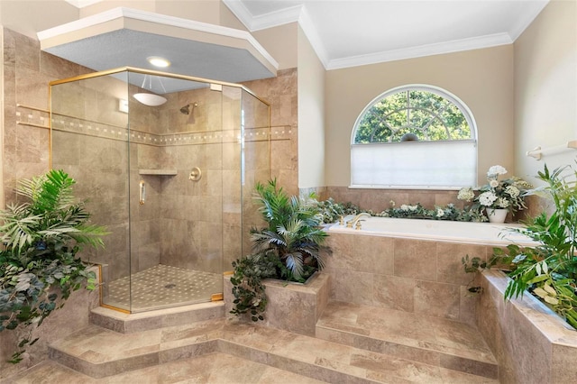 bathroom with separate shower and tub and crown molding