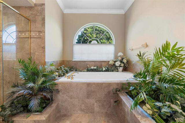 bathroom with separate shower and tub and ornamental molding