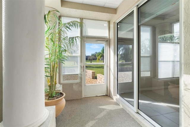 doorway with carpet floors