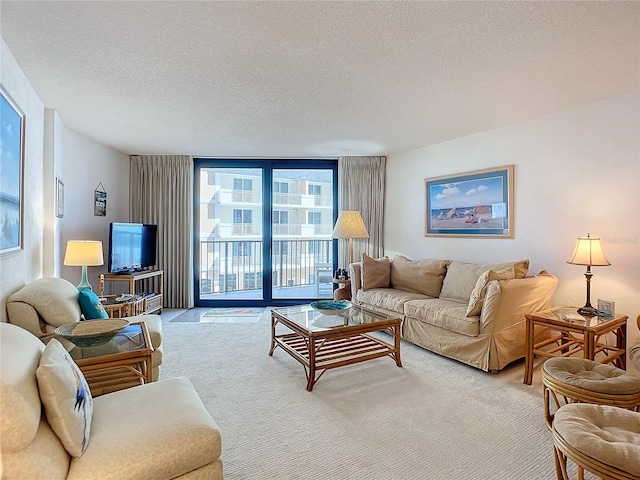 carpeted living room with floor to ceiling windows and a textured ceiling