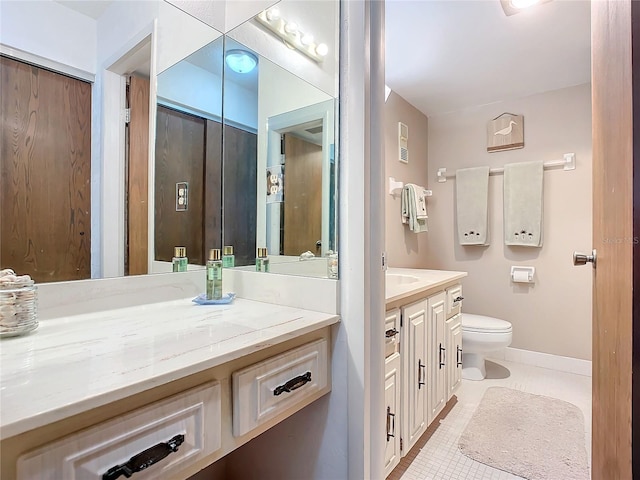 bathroom with vanity, toilet, and tile floors