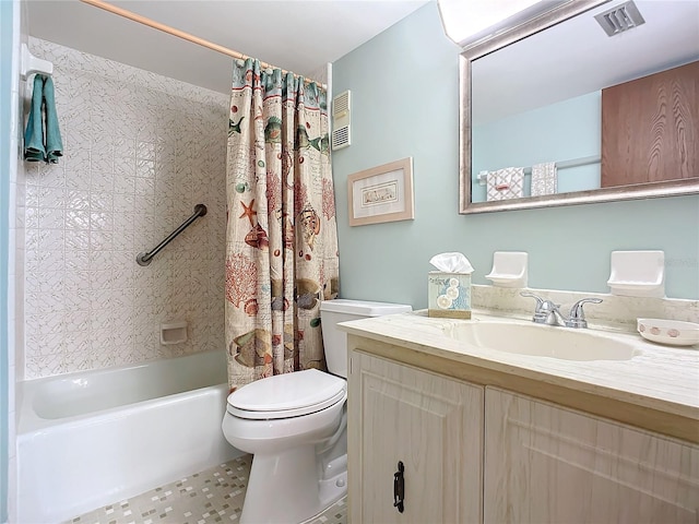 full bathroom with tile flooring, vanity, shower / bath combination with curtain, and toilet