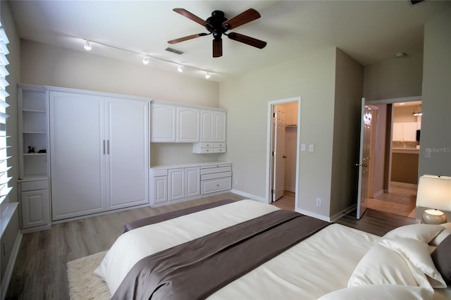 bedroom featuring wood-type flooring, ceiling fan, track lighting, and ensuite bathroom