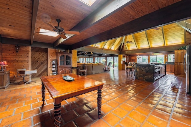 living room featuring lofted ceiling with beams, ceiling fan, wooden ceiling, and wood walls