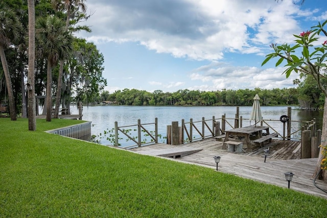 view of dock featuring a yard and a water view