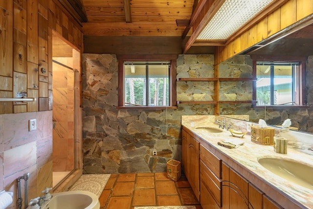 bathroom with vanity, a shower with door, a bidet, beam ceiling, and wood ceiling