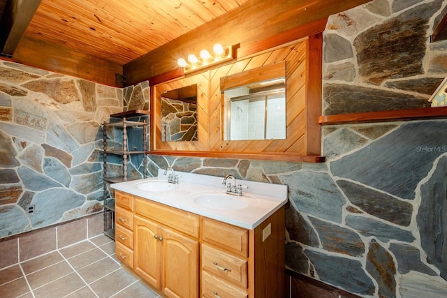 bathroom featuring vanity, tile patterned floors, and wood ceiling