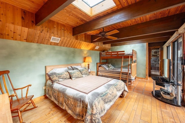 bedroom with light wood-type flooring, vaulted ceiling with skylight, wood ceiling, ceiling fan, and wooden walls