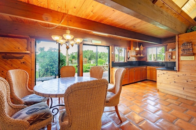 dining area featuring beamed ceiling, an inviting chandelier, wooden walls, and wood ceiling