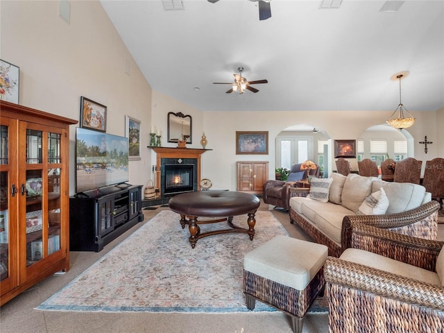 living room featuring ceiling fan