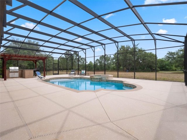 view of swimming pool with grilling area, glass enclosure, an in ground hot tub, and a patio