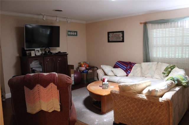 living room with ornamental molding and hardwood / wood-style flooring