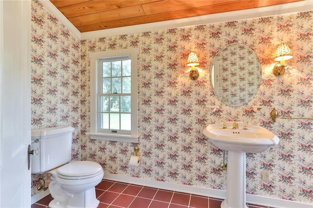 bathroom featuring tile patterned flooring, toilet, wooden ceiling, and ornamental molding