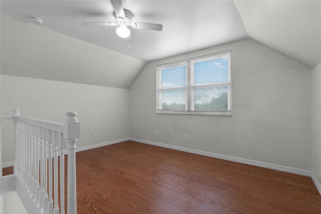 bonus room with hardwood / wood-style flooring, ceiling fan, and lofted ceiling