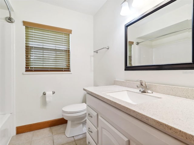 full bathroom featuring tile patterned flooring, vanity, toilet, and washtub / shower combination