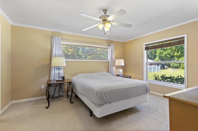 carpeted bedroom with ceiling fan, multiple windows, and ornamental molding