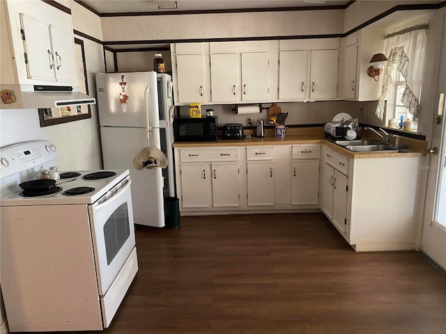 kitchen with white cabinets, white appliances, dark wood-type flooring, and sink