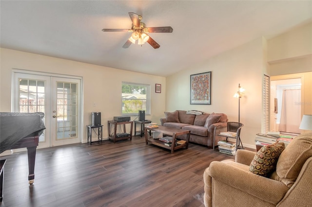 living room featuring french doors, dark wood-type flooring, ceiling fan, and a wealth of natural light