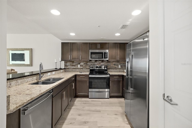 kitchen featuring light stone countertops, appliances with stainless steel finishes, backsplash, sink, and light hardwood / wood-style flooring