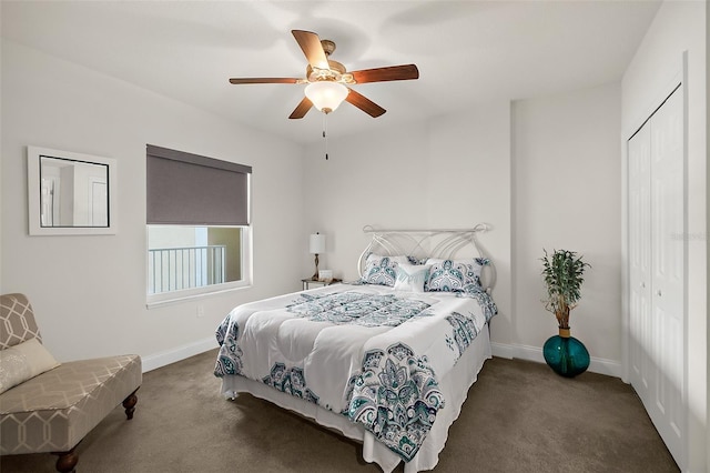 bedroom with ceiling fan, a closet, and dark colored carpet