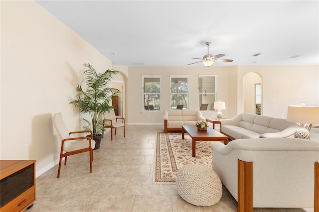 living room with ceiling fan