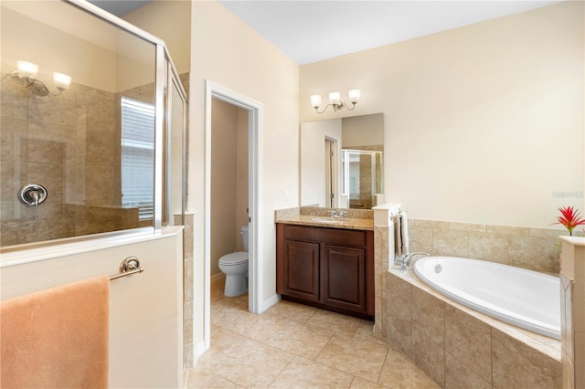 full bathroom featuring tile patterned floors, vanity, toilet, and shower with separate bathtub