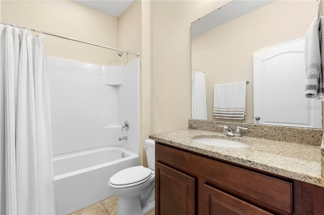 full bathroom with tile patterned flooring, shower / bath combo, toilet, and vanity