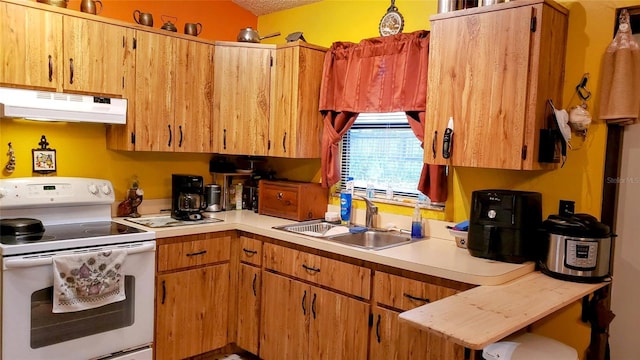 kitchen featuring electric stove, sink, and a textured ceiling