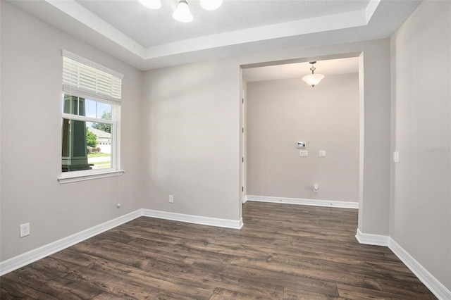 unfurnished room featuring a raised ceiling and dark hardwood / wood-style floors