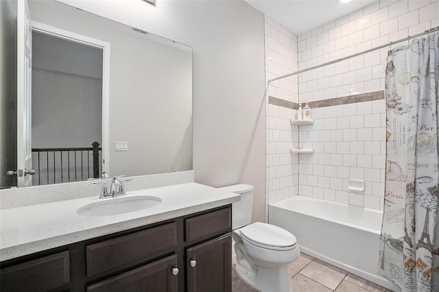 full bathroom featuring toilet, vanity, shower / tub combo, and tile patterned floors